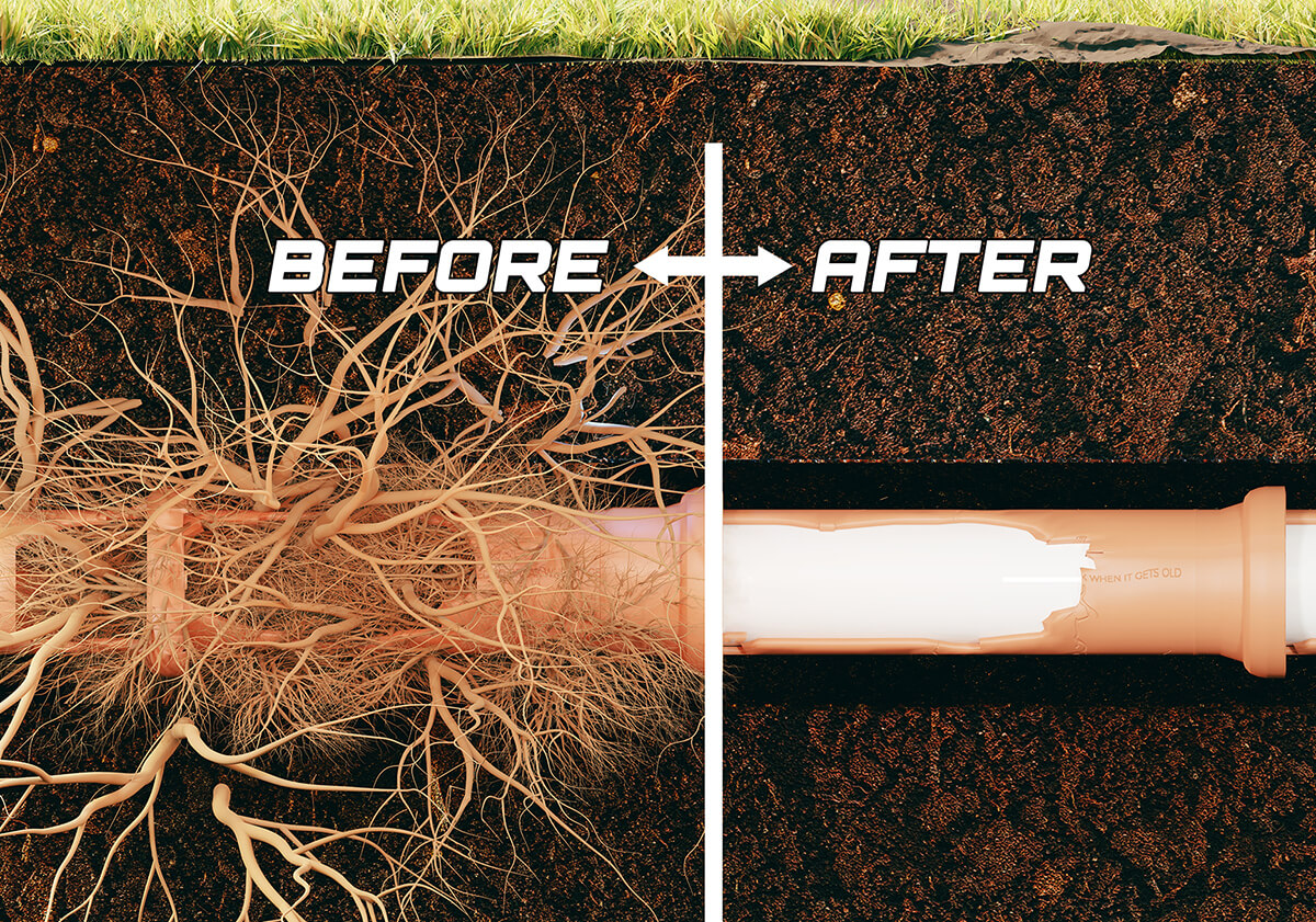 Before and after trenchless sewer pipe lining – roots cleared and pipe restored